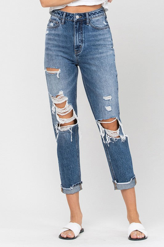 Emma High Waisted Denim Distressed Cuffed Mom Jean