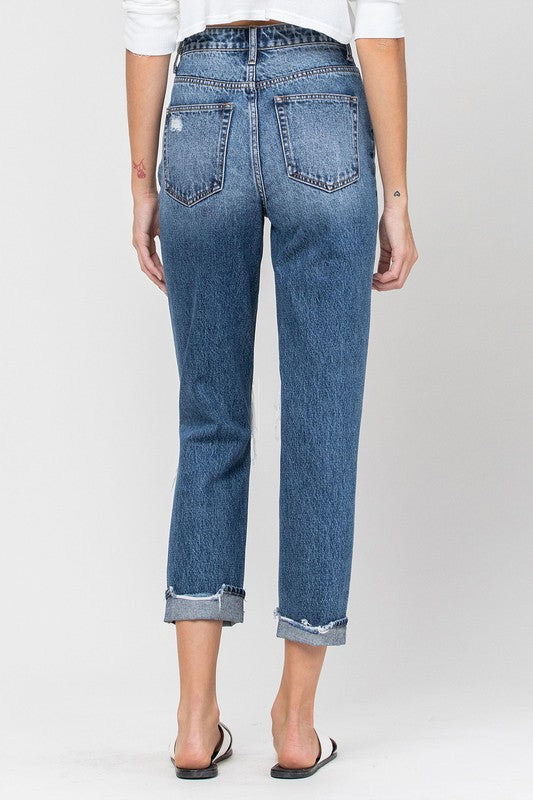Emma High Waisted Denim Distressed Cuffed Mom Jean