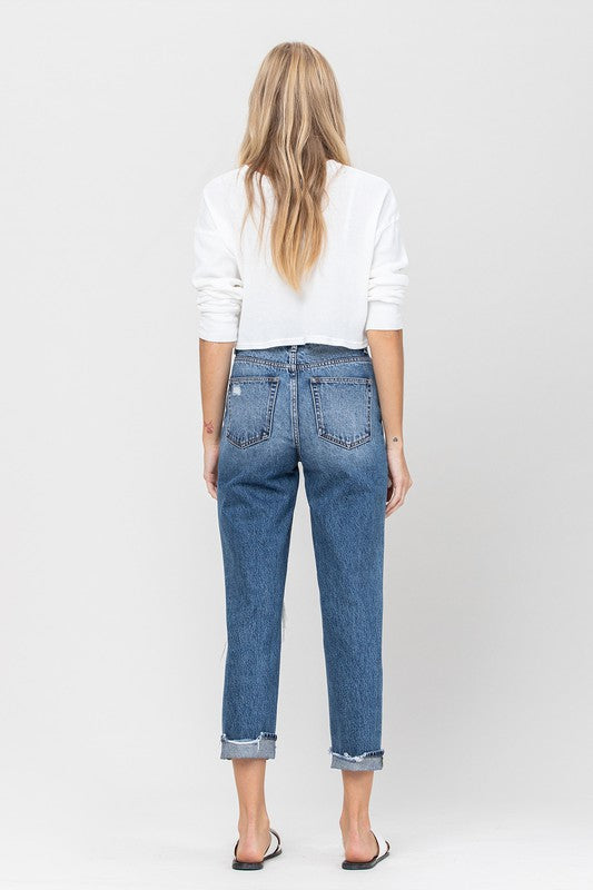 Emma High Waisted Denim Distressed Cuffed Mom Jean