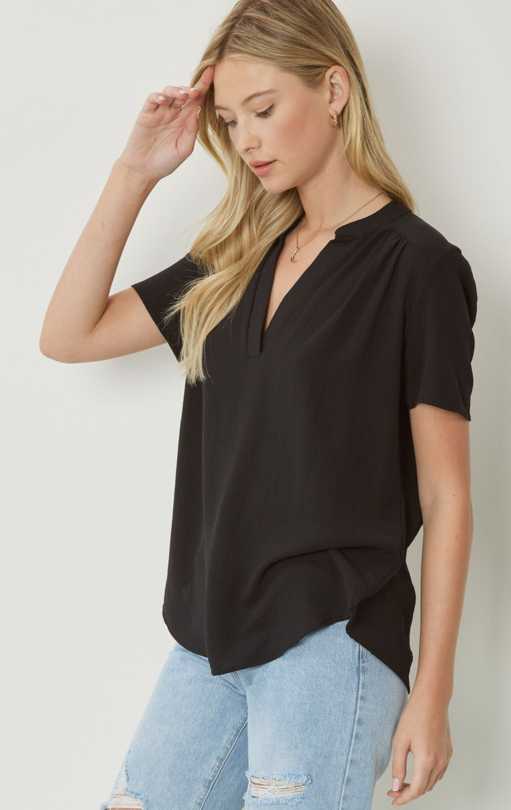 Lydia Essential V-Neck Woven Short Sleeve Blouse - Black