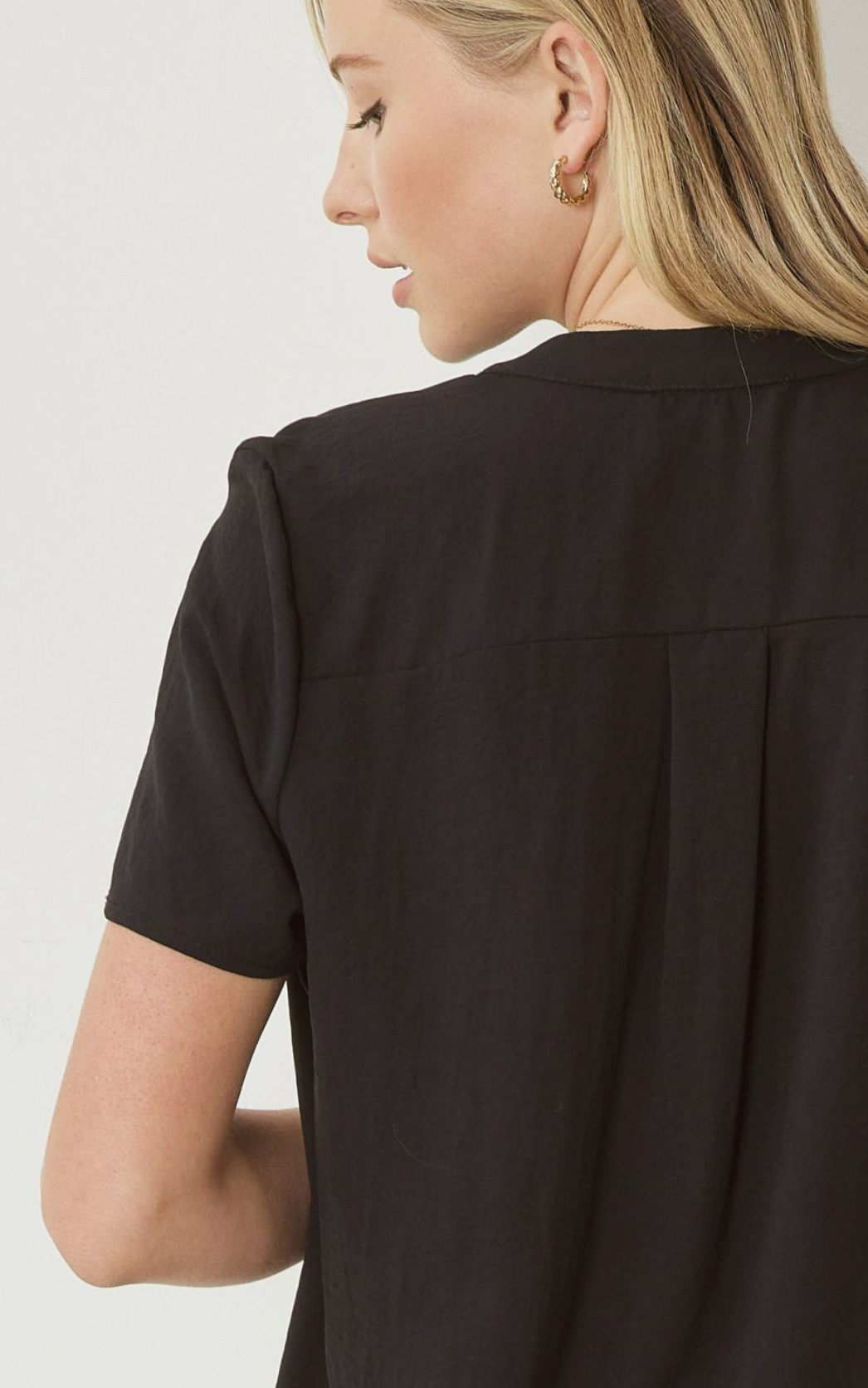 Lydia Essential V-Neck Woven Short Sleeve Blouse - Black