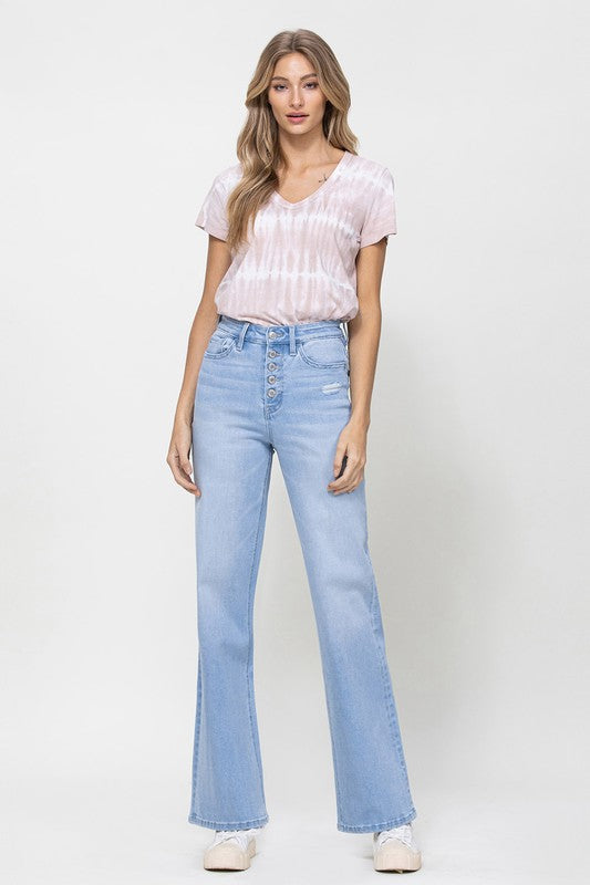 Olivia High Rise 90s Comfort Stretch Button Up Wide Leg Denim Pants - Light Wash