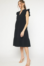 Load image into Gallery viewer, Bryn V-neck Tiered Ruffle Sleeve Midi Dress - Black
