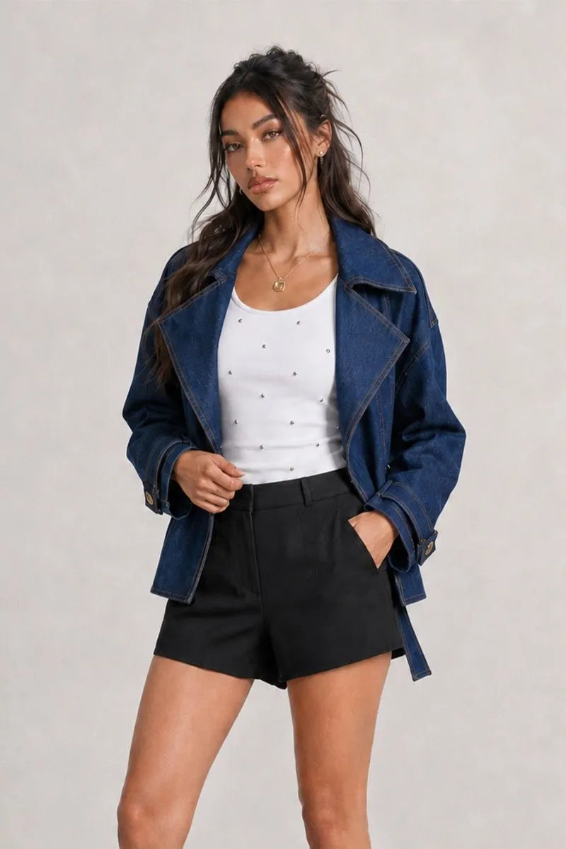 Miranda Denim Cropped Belted Trench Coat - Dark Wash