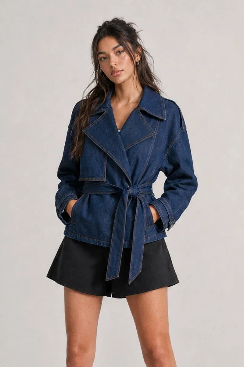 Miranda Denim Cropped Belted Trench Coat - Dark Wash
