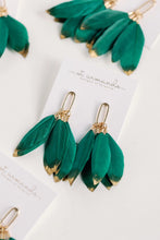 Load image into Gallery viewer, Emerald Gold Dipped Feather Statement Earrings
