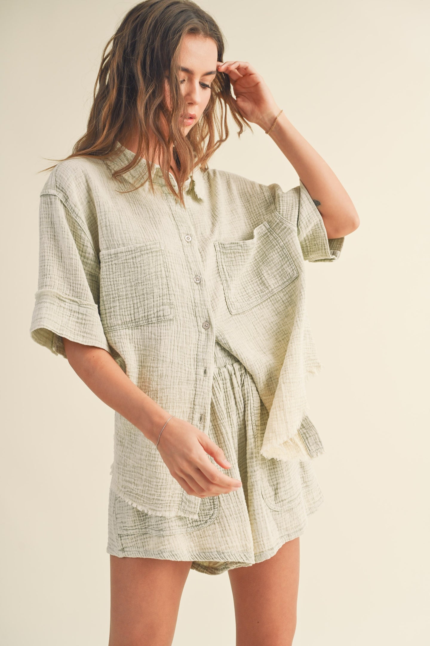 Anais Double Gauze Relaxed Button Up Short Sleeve Shirt - Washed Stone