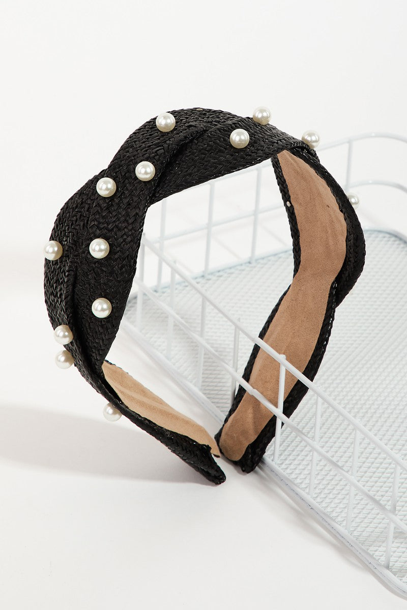 Pearl Studded Braided Raffia Headband - Black