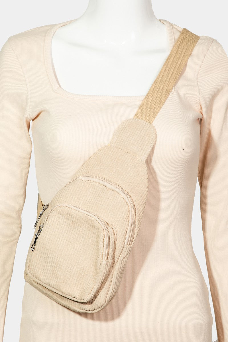 Corduroy Mini Cross Body Sling Bag - Khaki