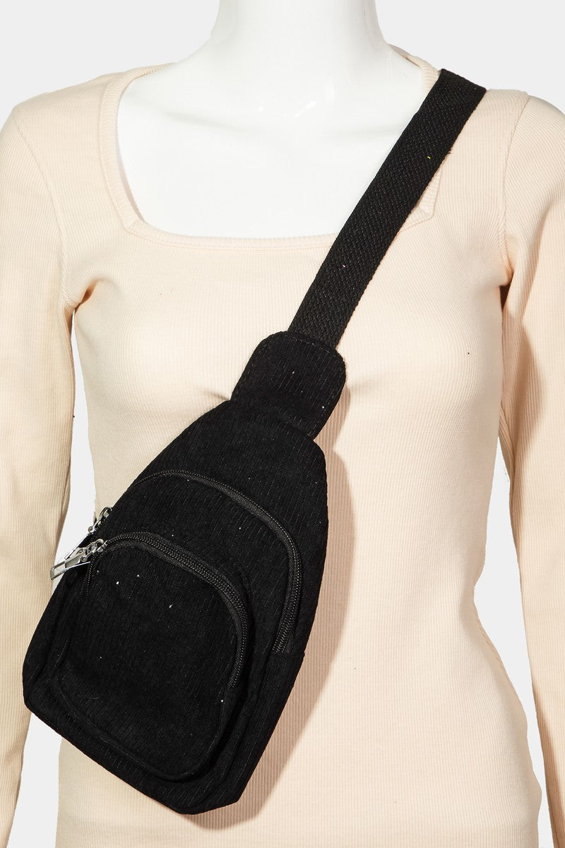 Corduroy Mini Cross Body Sling Bag - Black