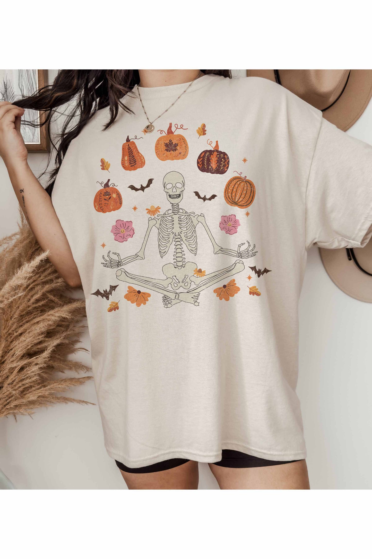 zSALE Pumpkin Zen Skeleton Fall Oversized Graphic Tee - Sand
