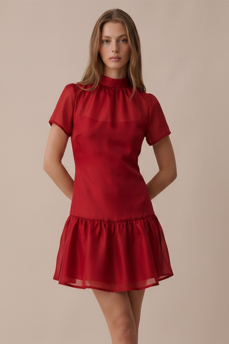 Odette Soft Organza Sheer Slip Short Sleeve Mini Dress - Red