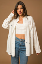 Load image into Gallery viewer, Heart Embroidered Petite Navy Heart Long Sleeve Collared Button Up - White
