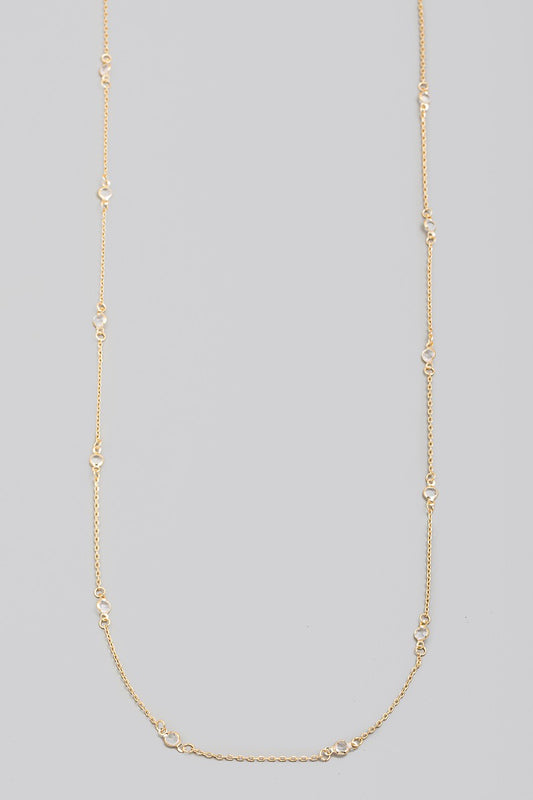 Long Rhinestone Stud Station Necklace - Gold