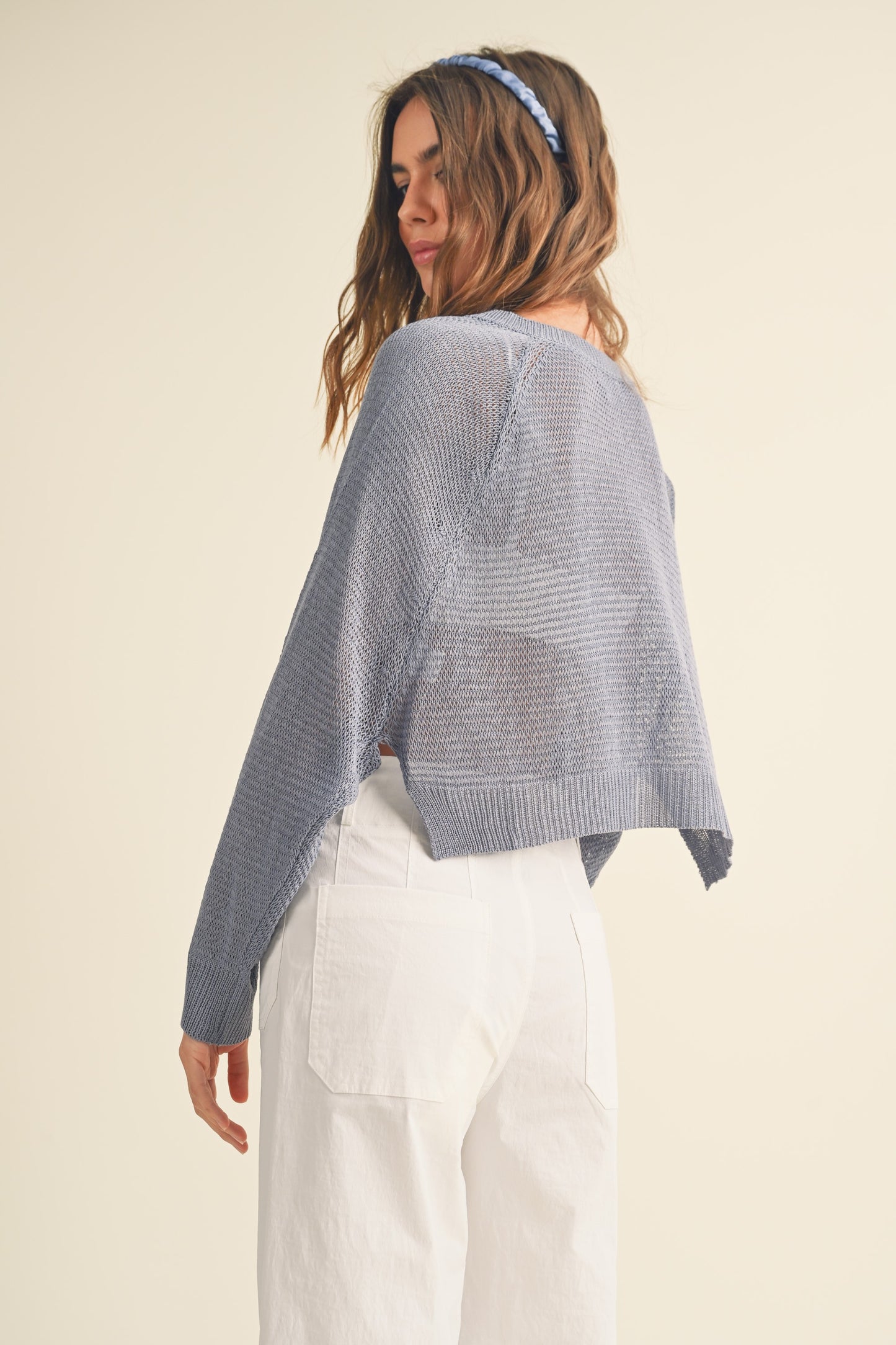 Aimée Lightweight Long Sleeve Crochet Cropped Open Cardigan - Blue