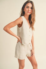 Load image into Gallery viewer, Louis Sleeveless Cropped Linen Tuxedo Vest - Oatmeal
