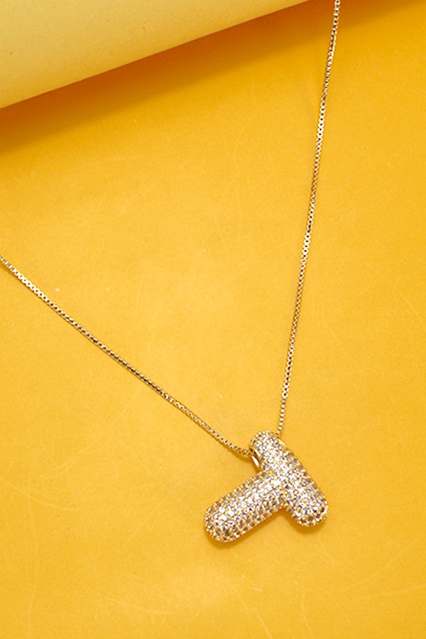 Initial Pave Rhinestone Initial Bubble Balloon Necklace - Gold