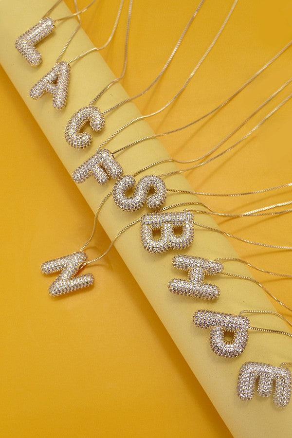 Initial Pave Rhinestone Initial Bubble Balloon Necklace - Gold