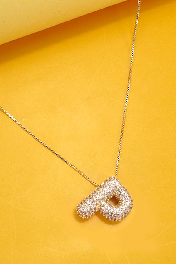 Initial Pave Rhinestone Initial Bubble Balloon Necklace - Gold