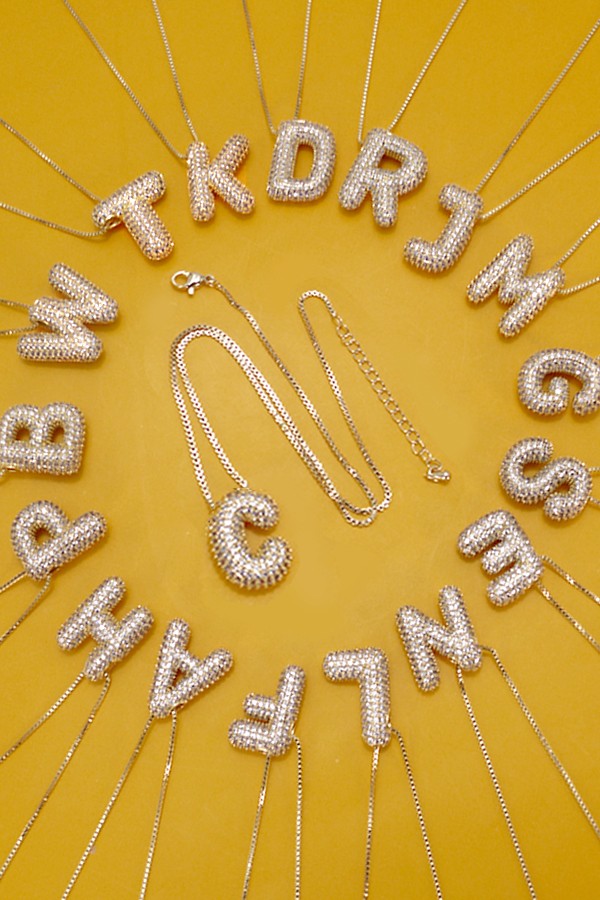 Initial Pave Rhinestone Initial Bubble Balloon Necklace - Gold