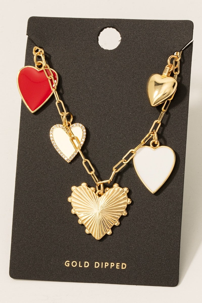 Heart Multi Charm Gold Dipped Paperclip Necklace - Red Multi