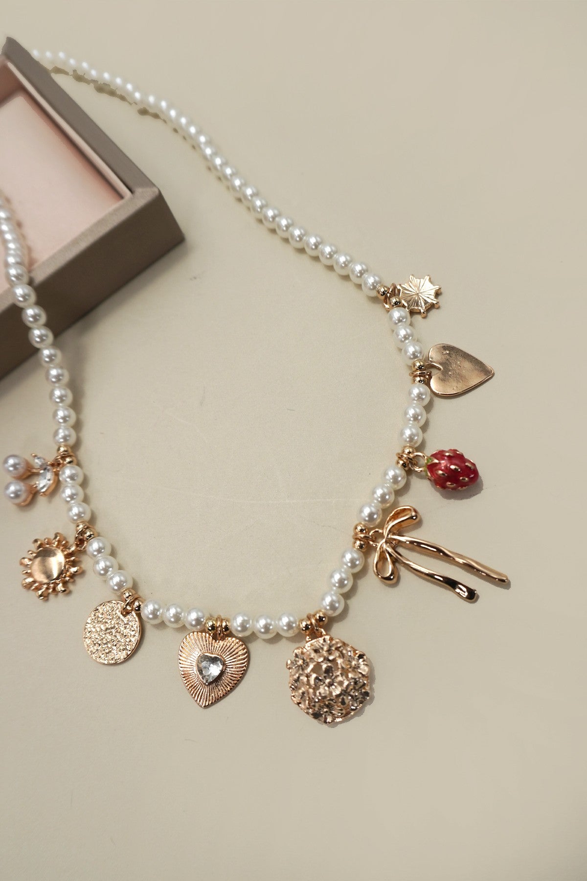 Pearl Beaded Bow Cherry Strawberry Charm Necklace - Pearl Muti