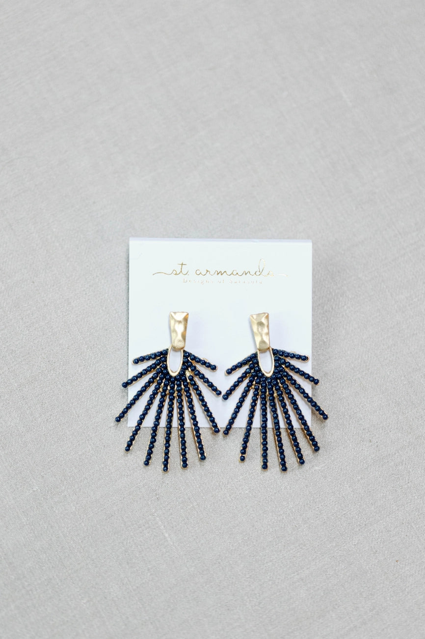 Hammered Gold Sunburst Drop Earrings - Navy Blue