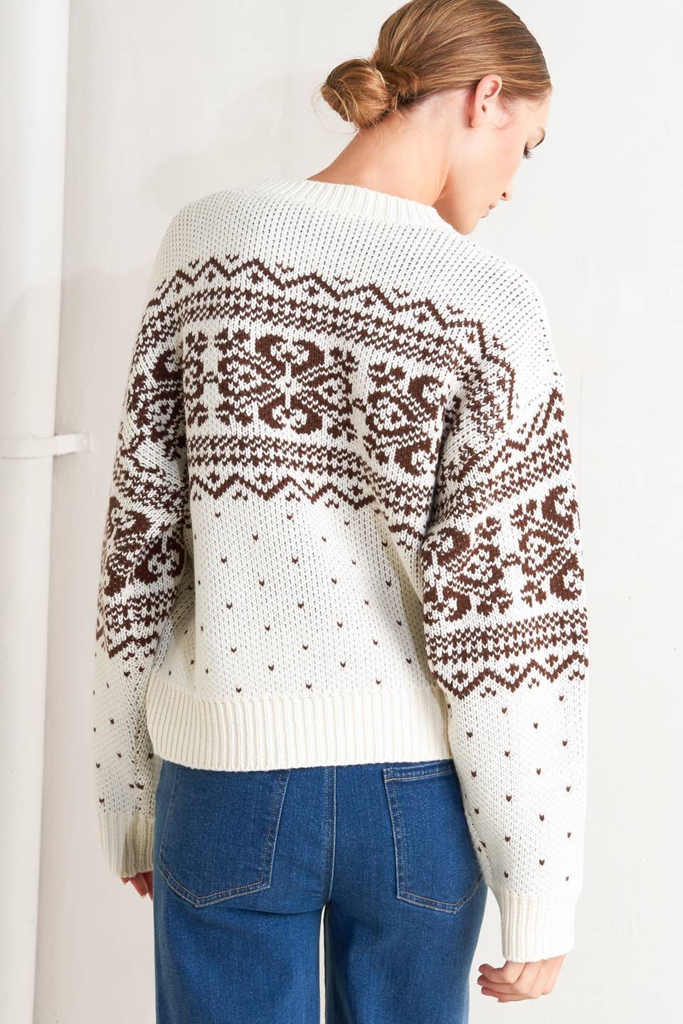 Baylie Fairisle Winter Print Long Sleeve Knit Sweater - Ivory Multi