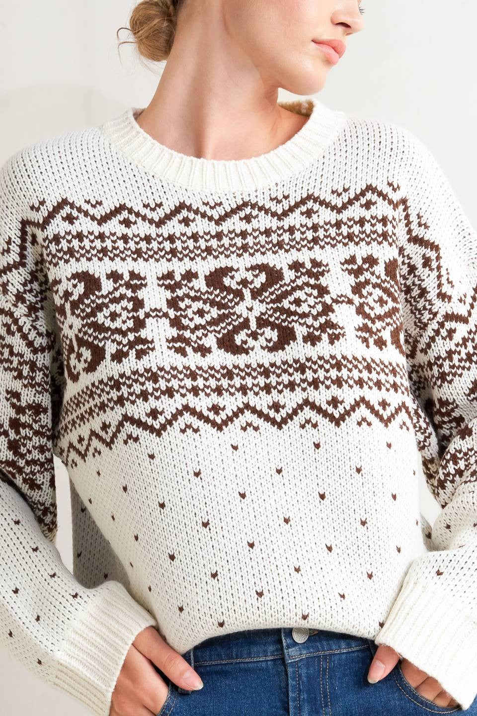 Baylie Fairisle Winter Print Long Sleeve Knit Sweater - Ivory Multi
