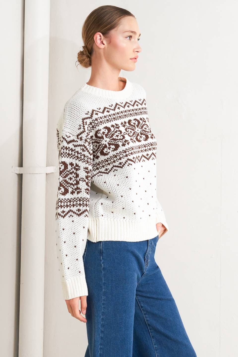 Baylie Fairisle Winter Print Long Sleeve Knit Sweater - Ivory Multi