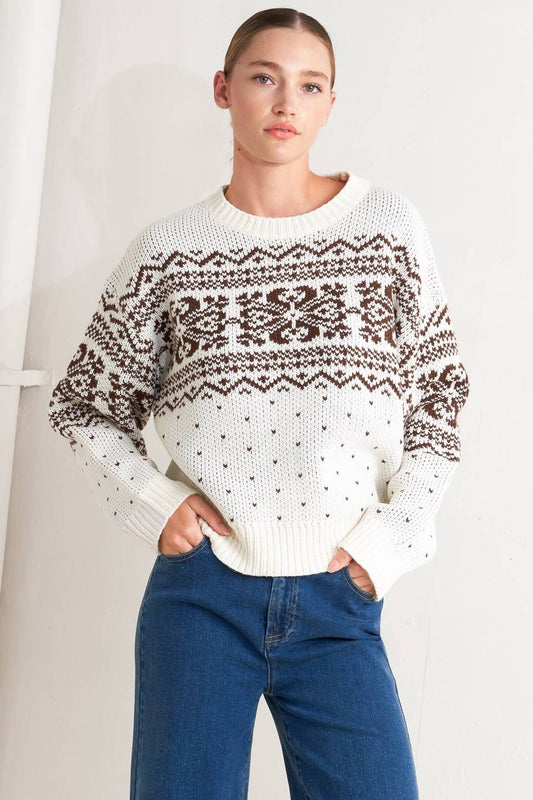 Baylie Fairisle Winter Print Long Sleeve Knit Sweater - Ivory Multi