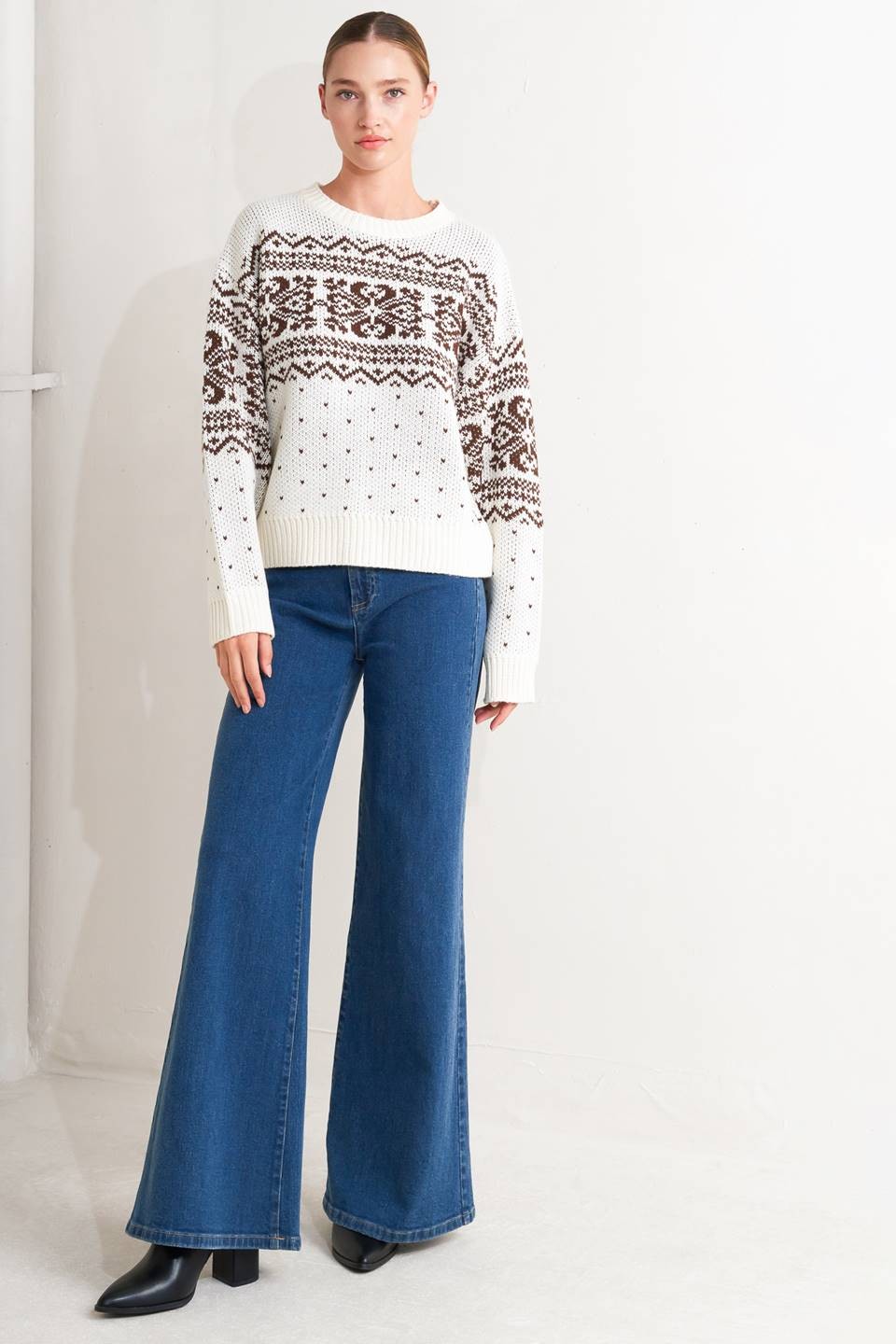 Baylie Fairisle Winter Print Long Sleeve Knit Sweater - Ivory Multi