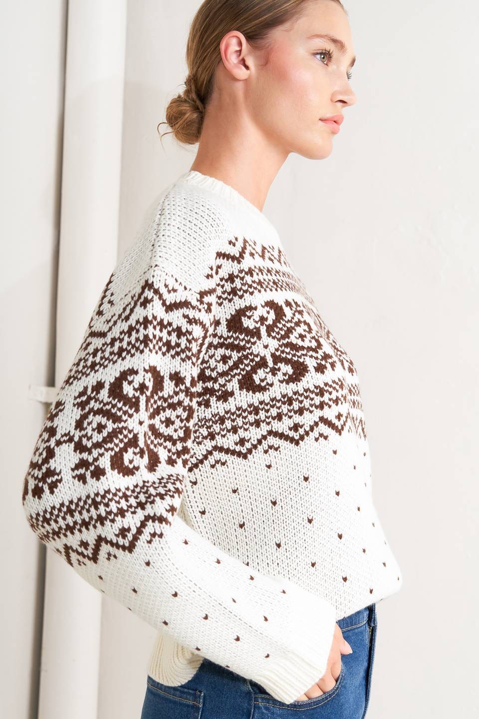 Baylie Fairisle Winter Print Long Sleeve Knit Sweater - Ivory Multi