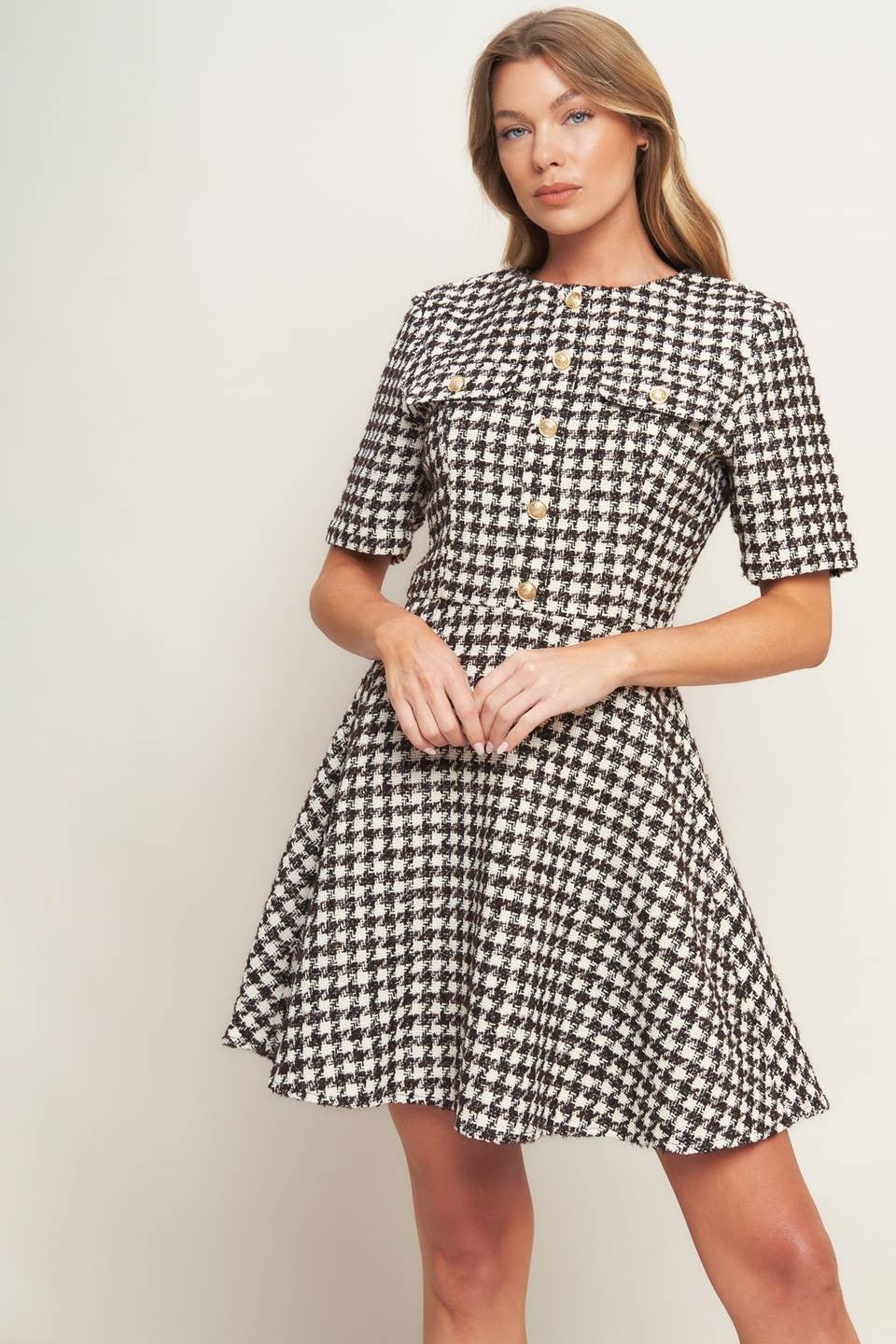 Tilde Short Sleeve Gold Button Tweed Mini Dress - Brown Multi