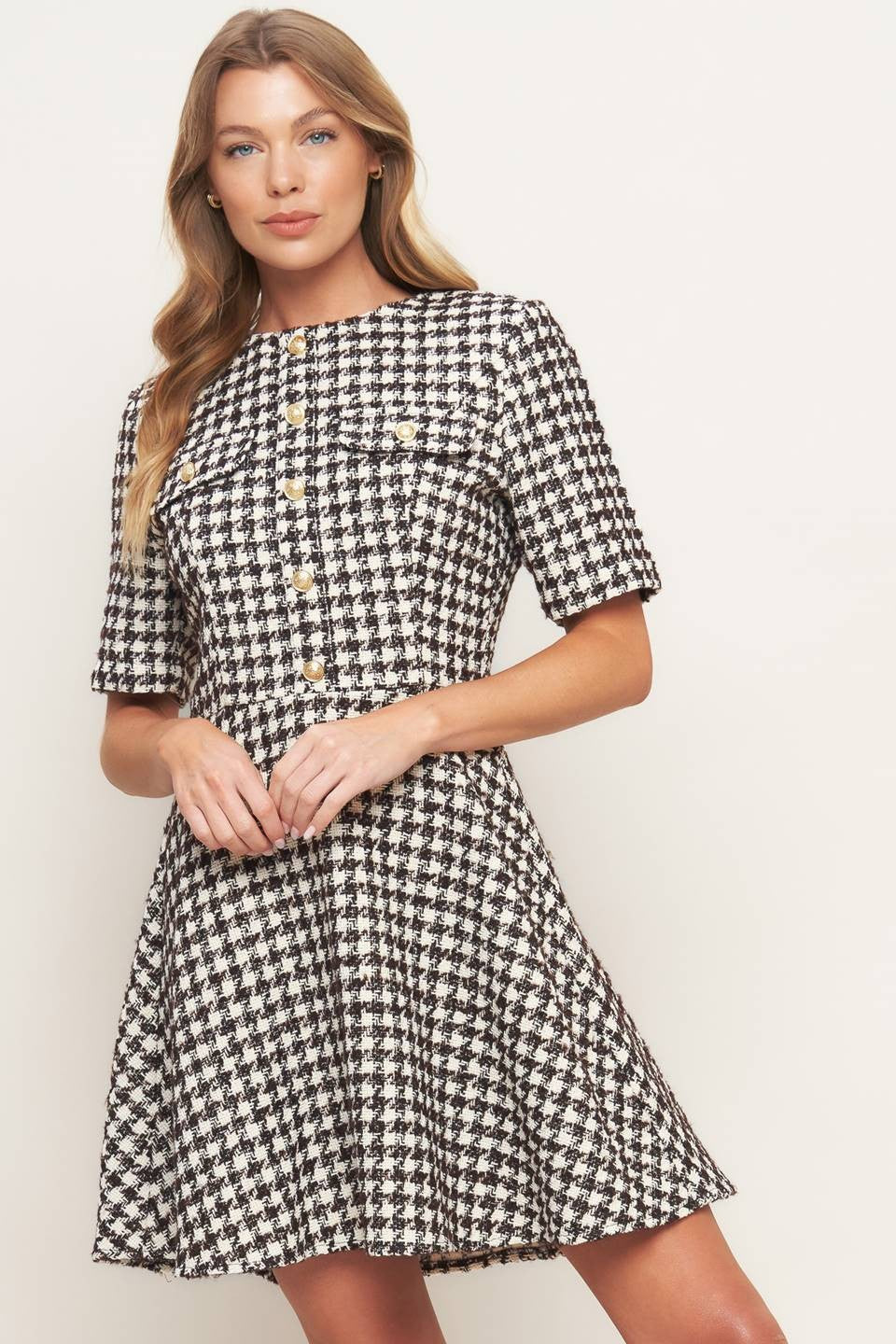 Tilde Short Sleeve Gold Button Tweed Mini Dress - Brown Multi