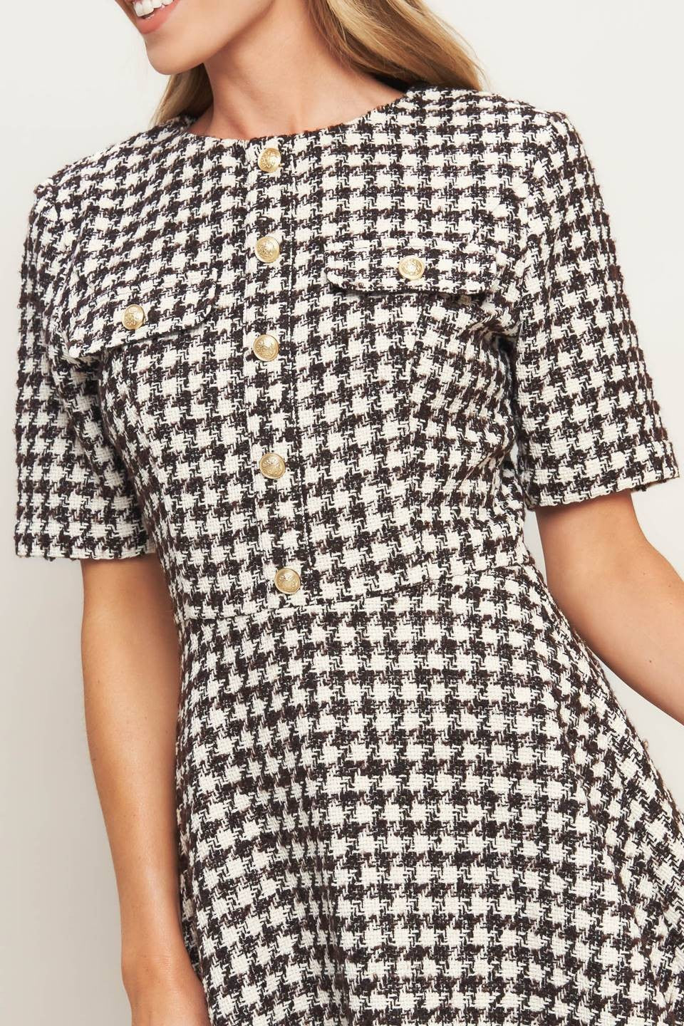 Tilde Short Sleeve Gold Button Tweed Mini Dress - Brown Multi