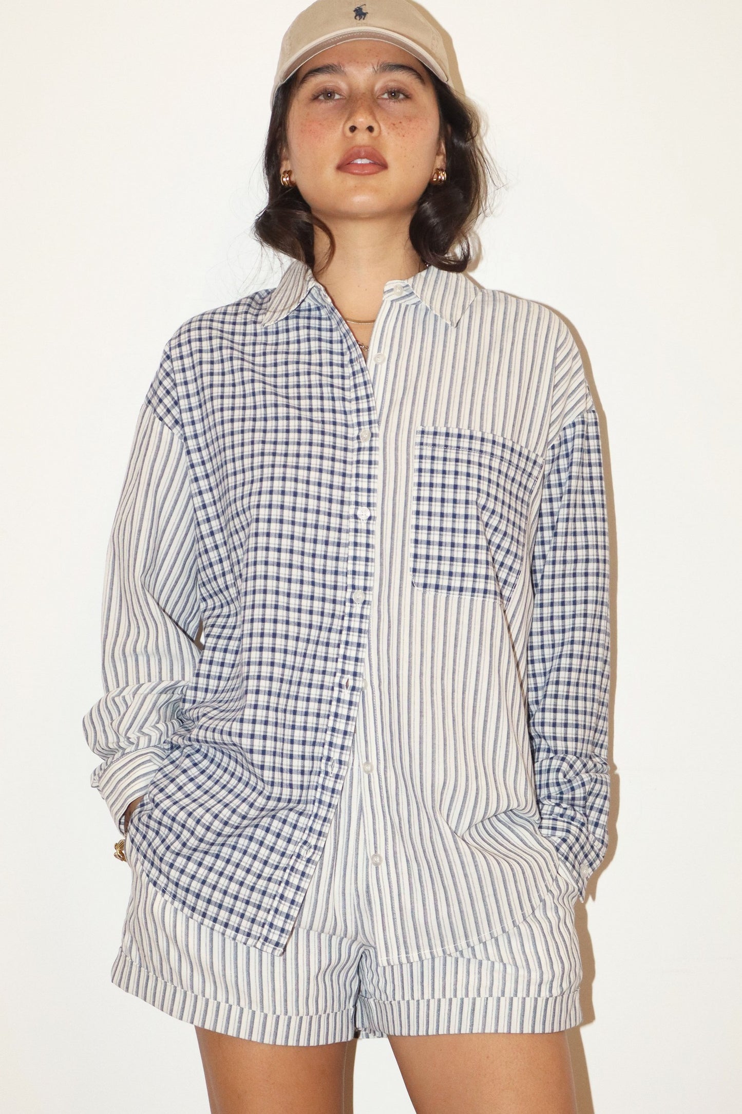 Palmer Mixed Stripe and Gingham Long Sleeve Button Down - Navy Multi
