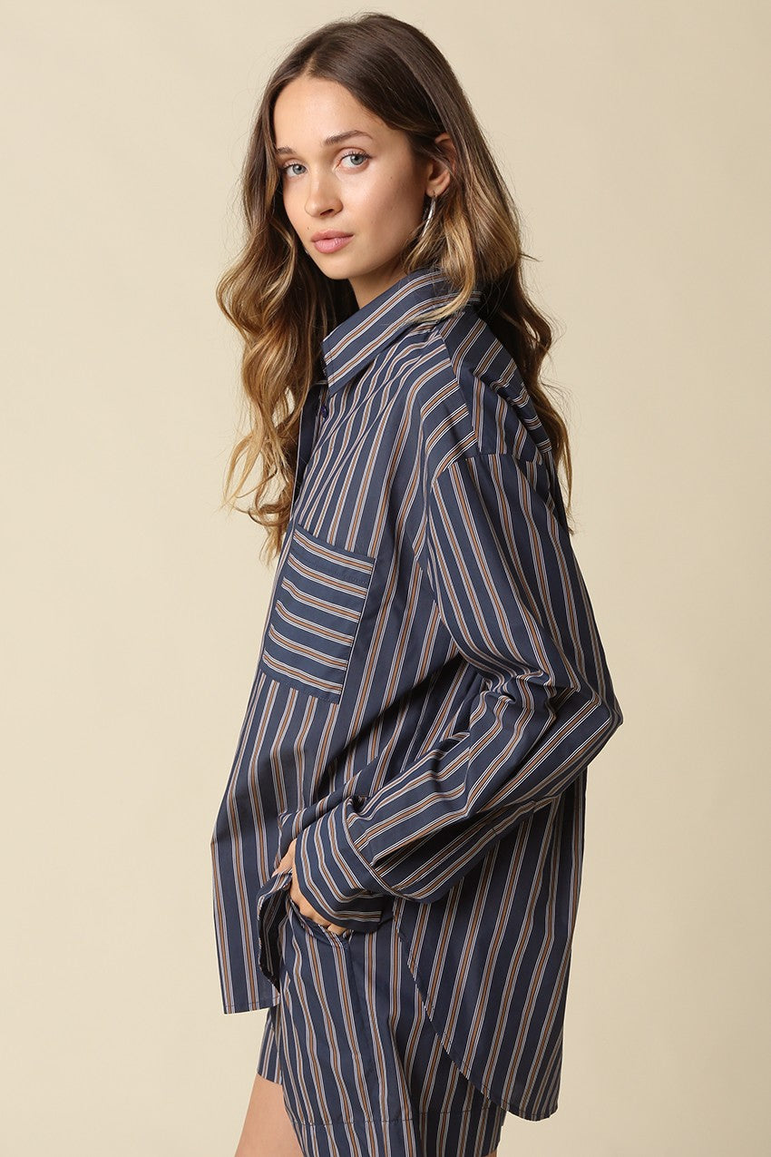 Hunter Stripe Oversized Button Up - Navy Brown