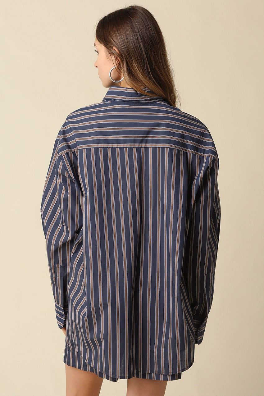 Hunter Stripe Oversized Button Up - Navy Brown