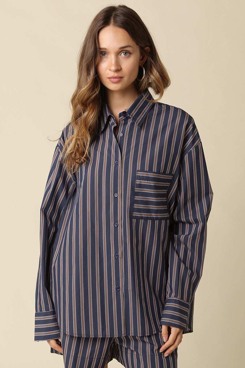 Hunter Stripe Oversized Button Up - Navy Brown