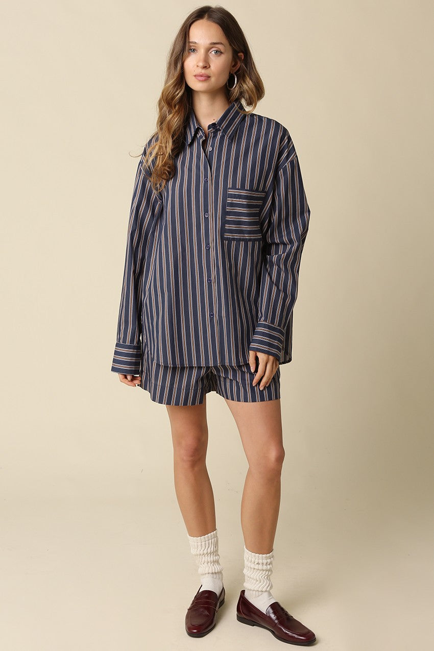 Hunter Stripe Relaxed Shorts - Navy Brown