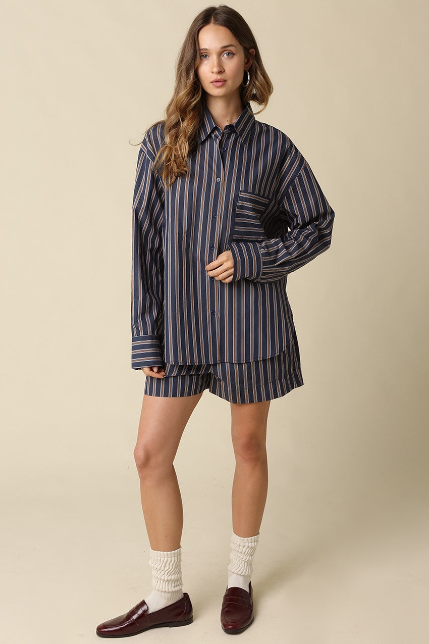 Hunter Stripe Relaxed Shorts - Navy Brown
