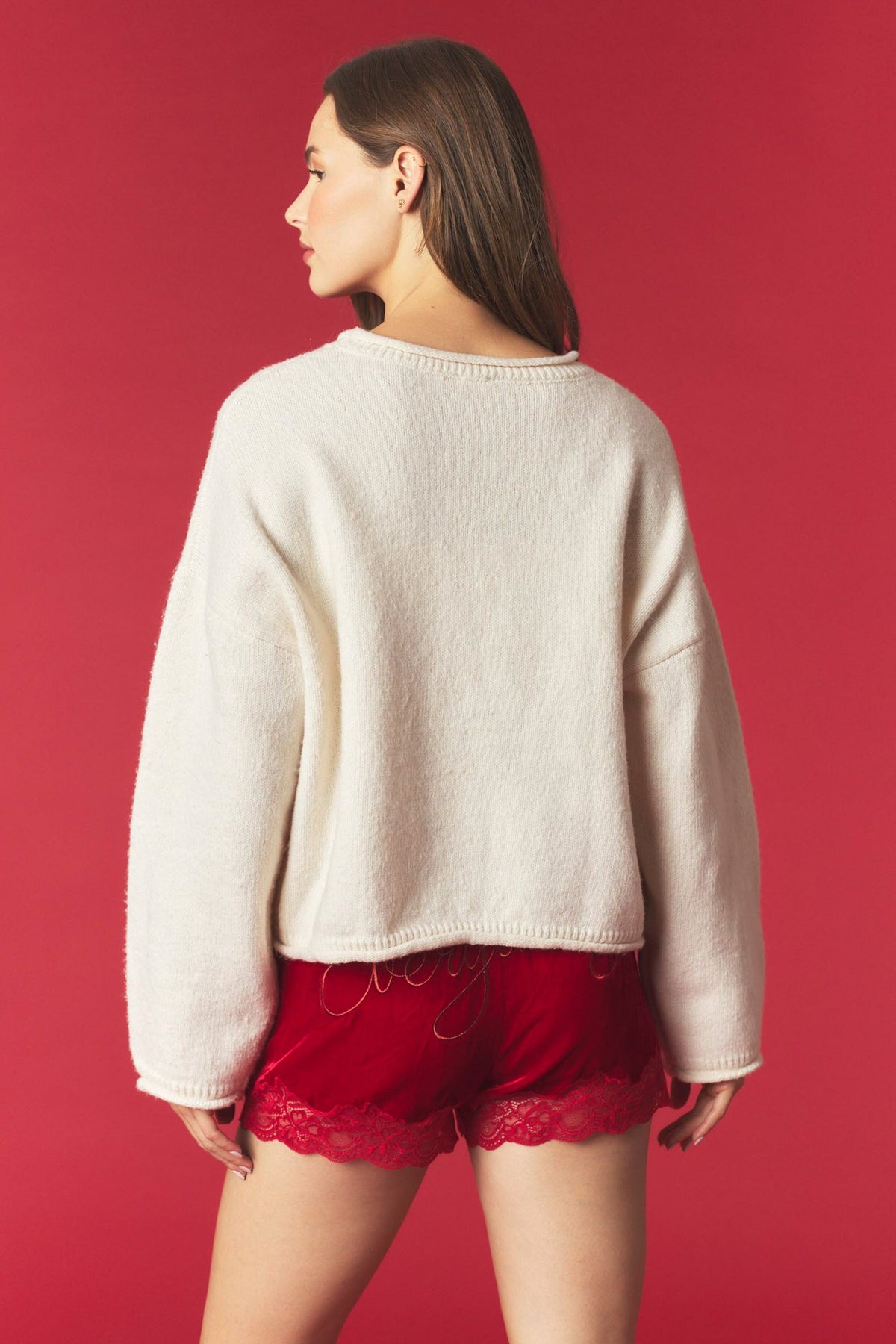 Holiday Cheer Embroidery Long Sleeve Sweater Pullover - Cream Multi
