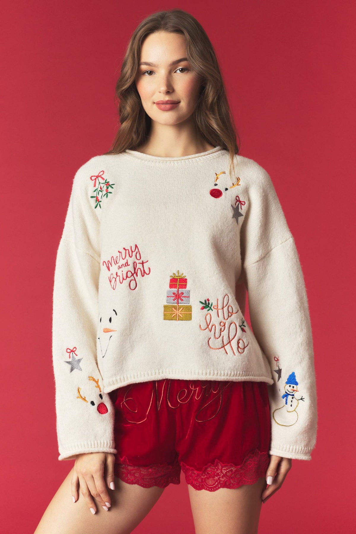 Holiday Cheer Embroidery Long Sleeve Sweater Pullover - Cream Multi