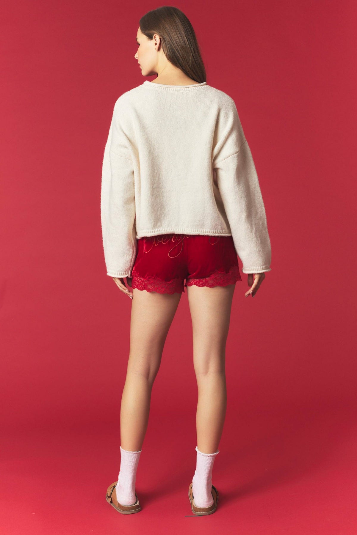 Holiday Cheer Embroidery Long Sleeve Sweater Pullover - Cream Multi