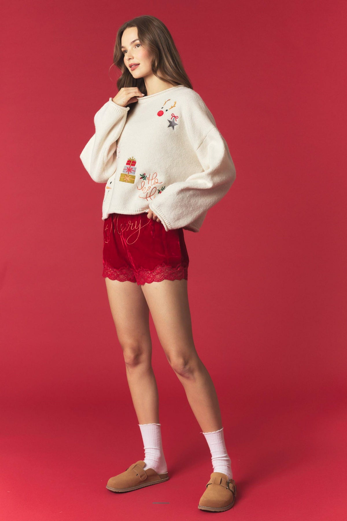 Holiday Cheer Embroidery Long Sleeve Sweater Pullover - Cream Multi