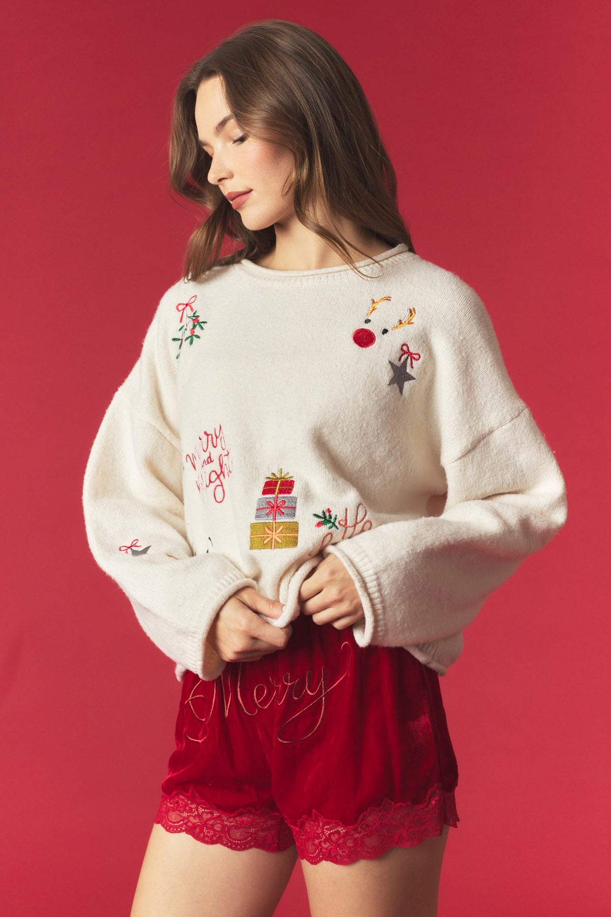 Holiday Cheer Embroidery Long Sleeve Sweater Pullover - Cream Multi