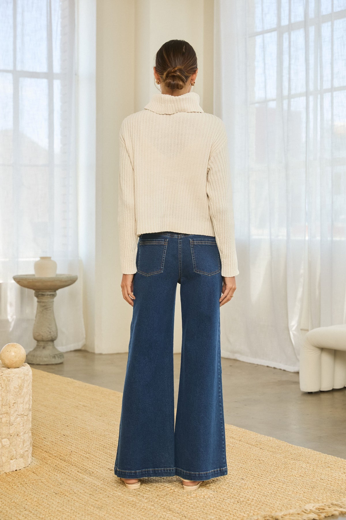 Evie Cable Knit Detail Long Sleeve Turtleneck Sweater - Ivory