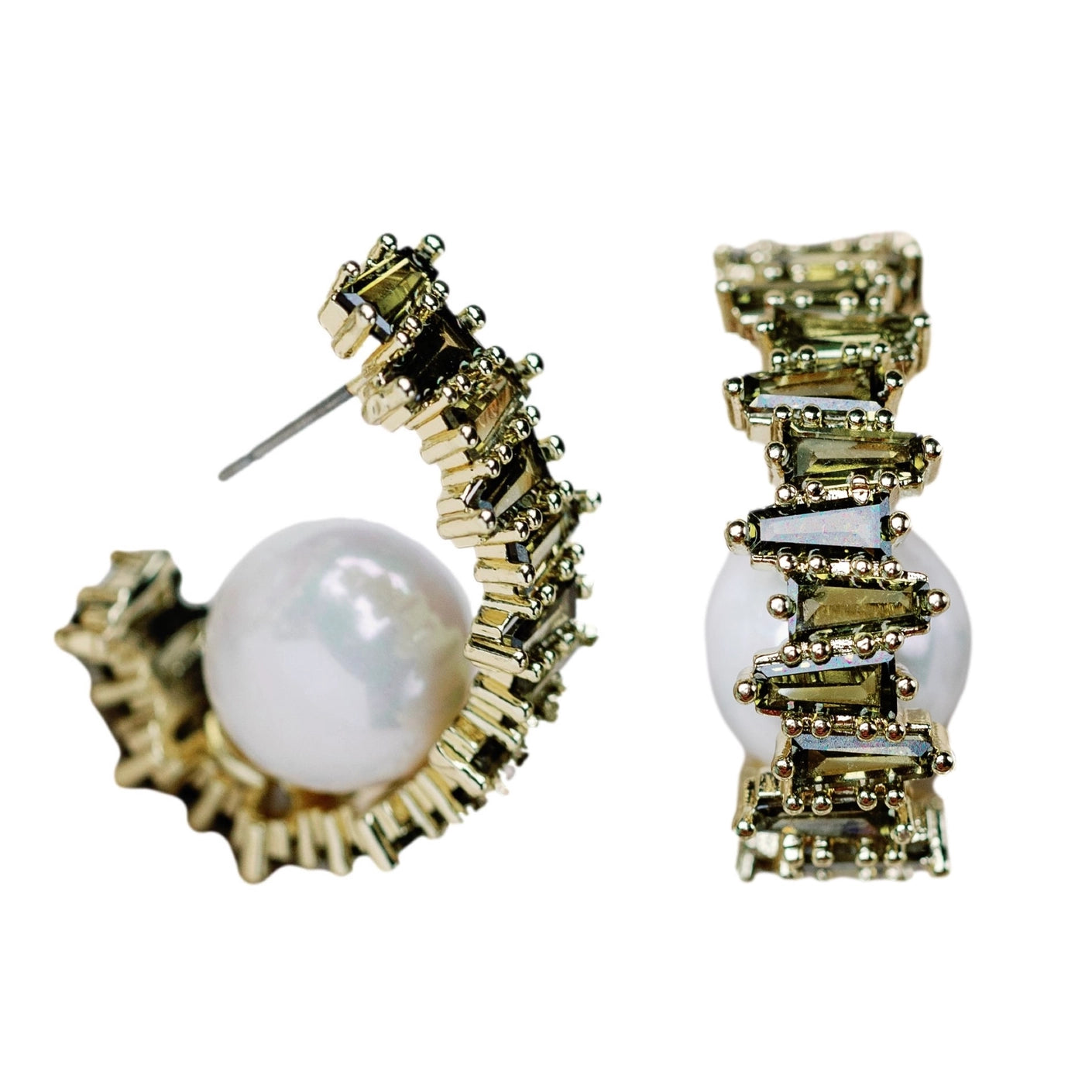 Rhinestone and Pearl Hoop Statement Earrings - Green