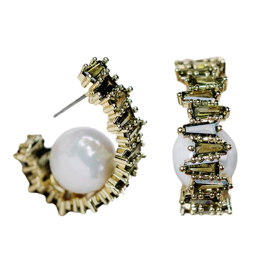Rhinestone and Pearl Hoop Statement Earrings - Green